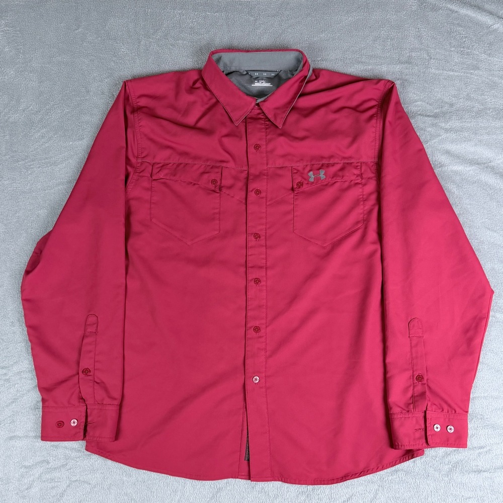Under Armour‎ Long Sleeve Button Up Performance Shirt 205381 Mens Large Red Gray